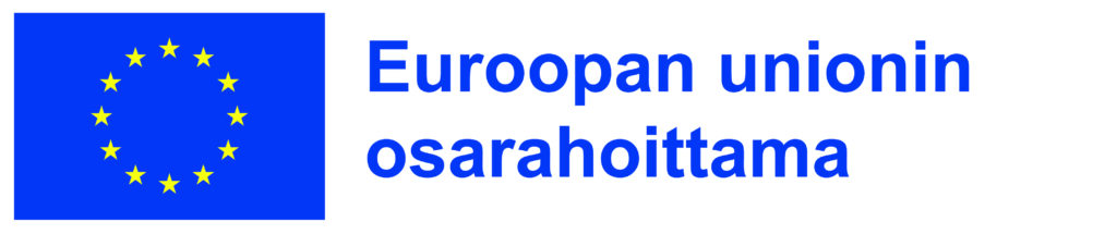Kuvassa on Euroopan unionin lippu, jossa on keltaisten tähtien ympyrä sinisellä pohjalla, vieressä sininen suomenkielinen teksti, jossa lukee Euroopan unionin osarahoittama.
