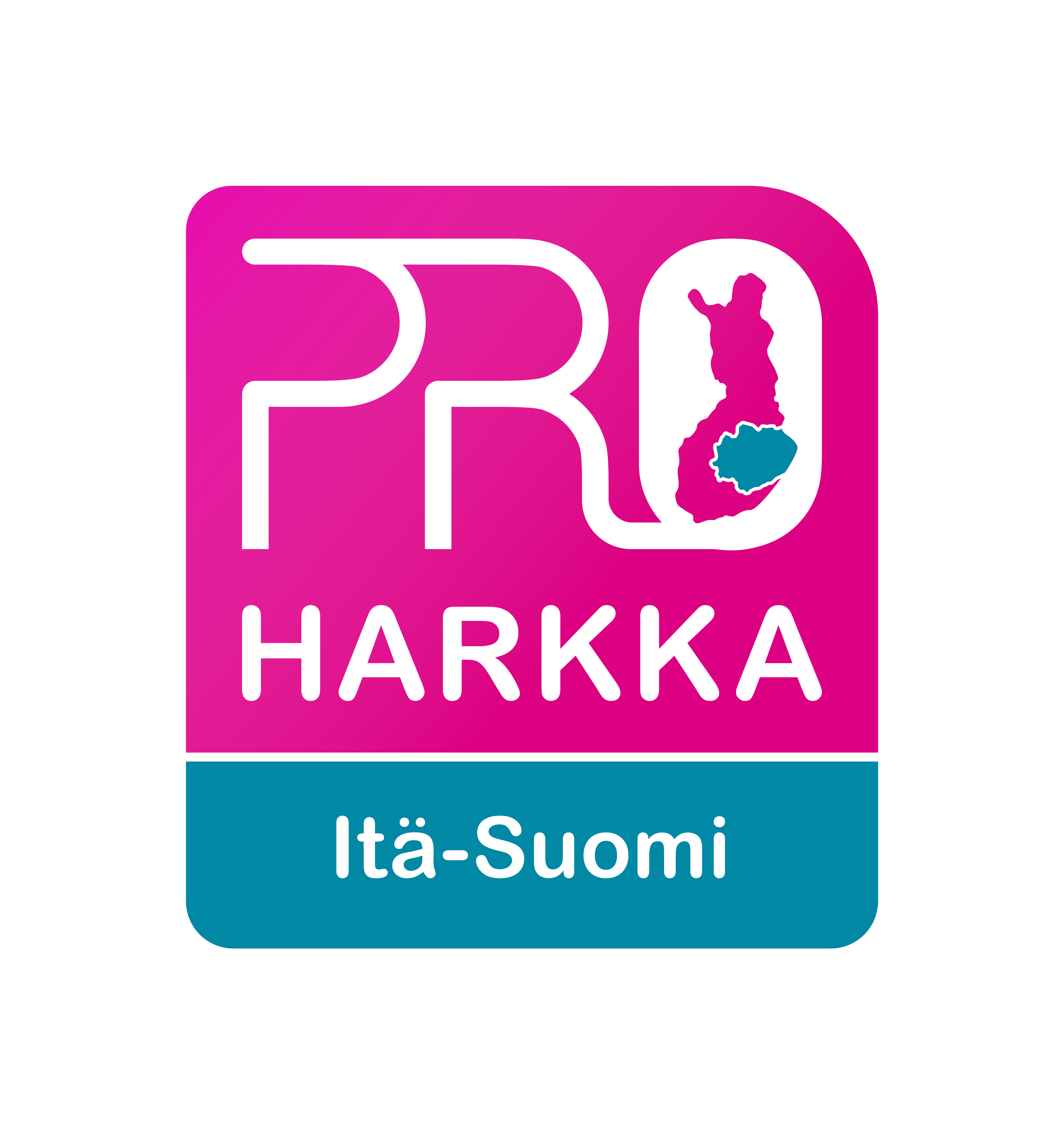 Vaaleanpunainen ja tiilenpunainen logo, jossa on teksti PRO HARKKA ja O-kirjaimen tilalla Suomen kartta. Alla on tiilenpunainen suorakulmio, jossa on teksti Itä-Suomi.