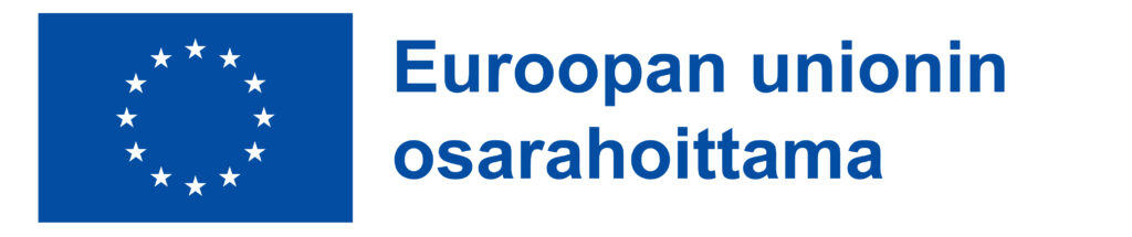 Sininen Euroopan unionin lippu, jossa on kaksitoista valkoista tähteä ympyrässä, ja sen vieressä sinisellä kirjoitettu suomenkielinen teksti: ”Euroopan unionin osarahoittama”, eli ”Euroopan unionin osarahoittama”.